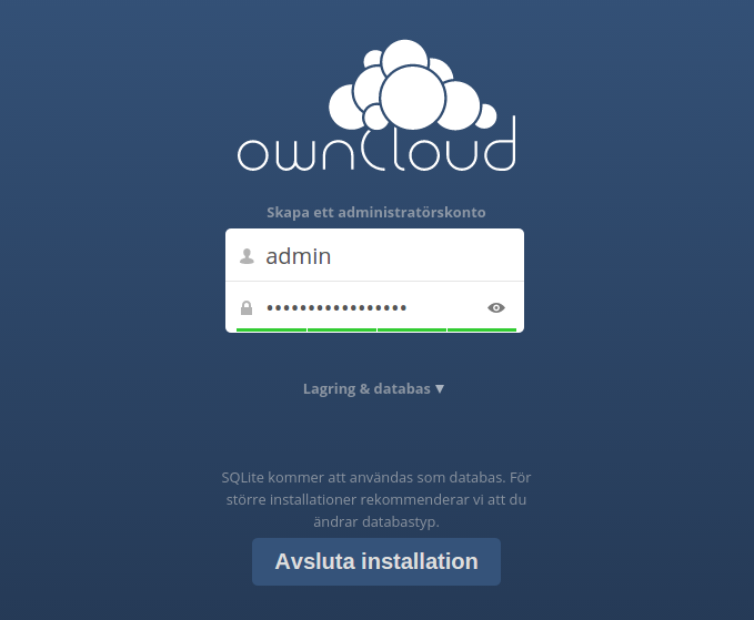 ownCloud starta installationsguiden 