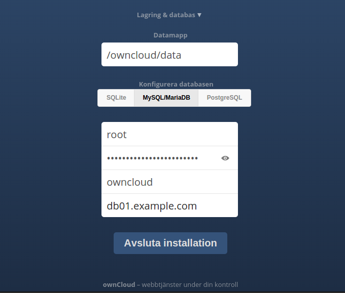 Klicka på Lagring och databas för att få upp inställningarna för datakatalogen och databasservern 
