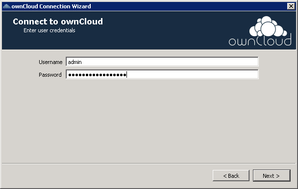 Ange dina inloggningsuppgifter till ownCloud servern
