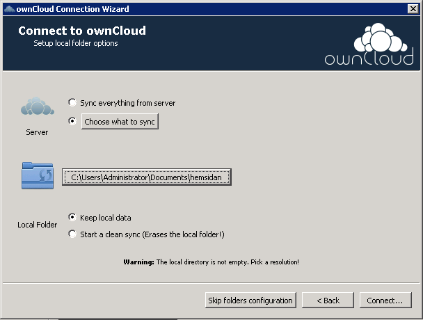 Varning kommer upp om den valda katalogen innehåller filer