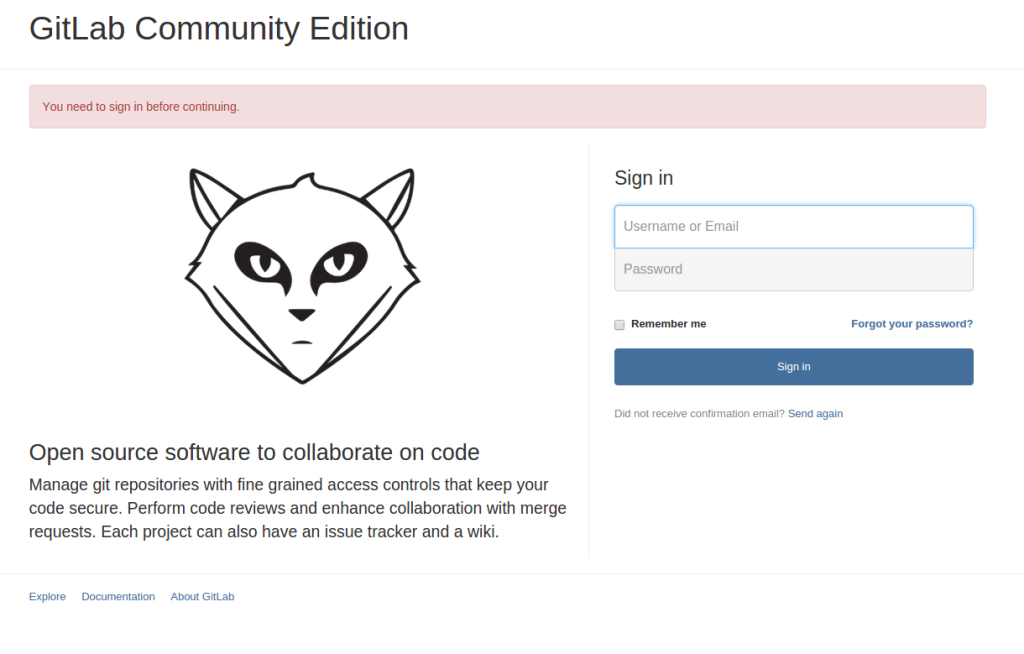 Första starten av GitLab