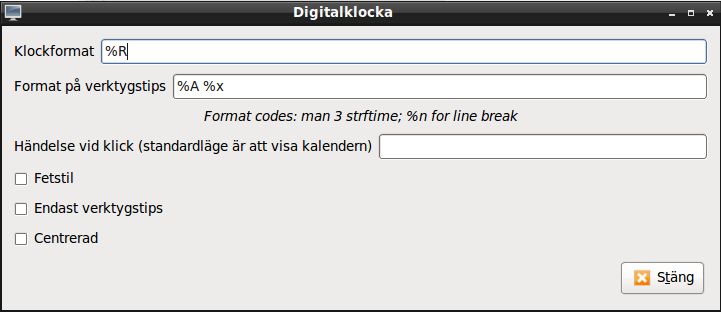 Inställnings dialogrutan för panelklockan i LXDE.