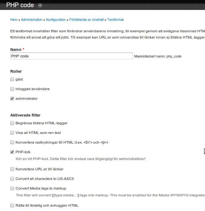 Välj roller som skall få använda det nya textformatet.