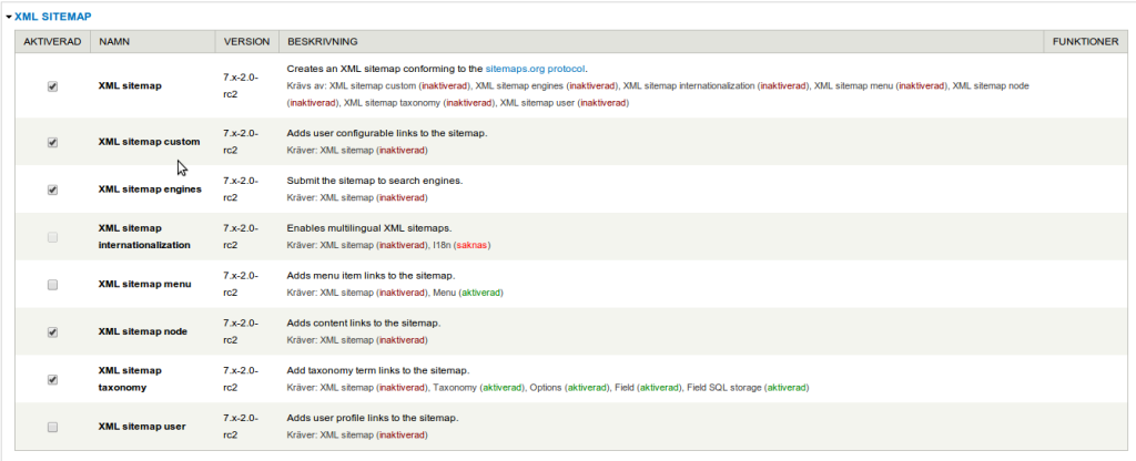 Vilka XML modulera ska aktiveras