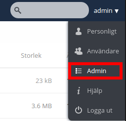 Klicka på ditt namn längst upp till höger i ownCloud och klicka sedan på Admin i menyn som öppnas för att ändra admin inställningarna.