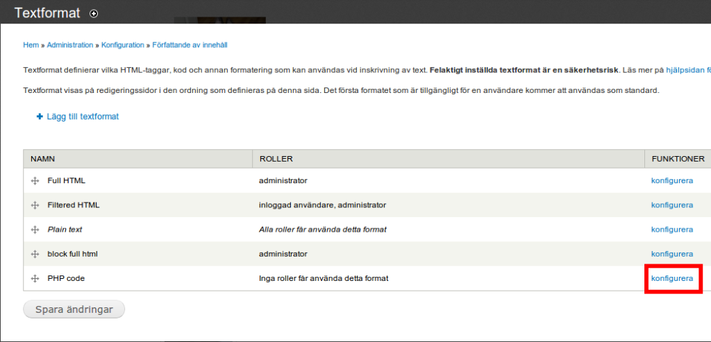 Konfigurerar php code formatet