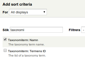 Sök upp och välj Taxonomiterm: Namn