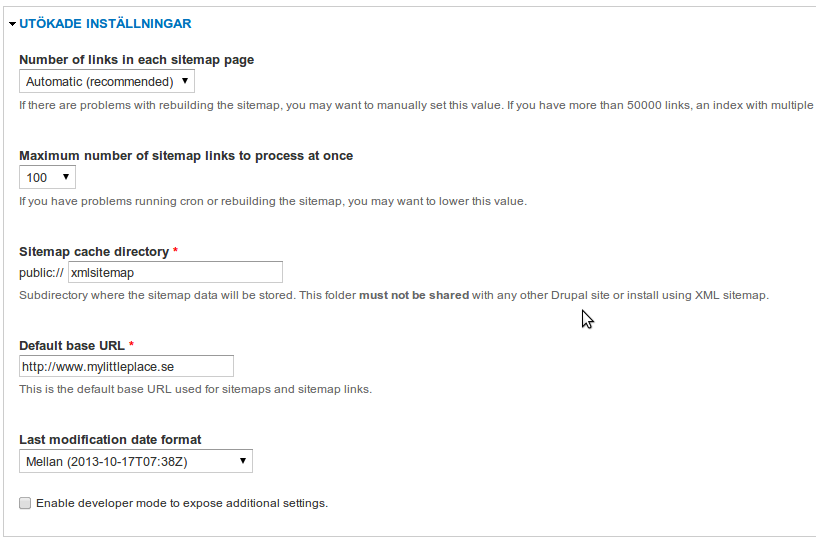 Utökade inställningar XML Sitemap