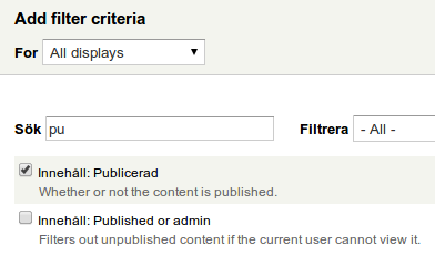 Sök och välj fält Innehåll: Publicerad