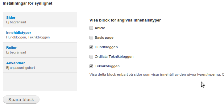 Välj innehållstyperna som blocken skall synas på